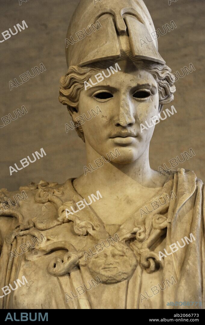 Athena. Goddess of wisdom, courage, law and justice. (Roman equivalent: Minerva). Bust of Athena. Roman sculpture after original of about 420 BC. Glyptothek. Munich. Germany.