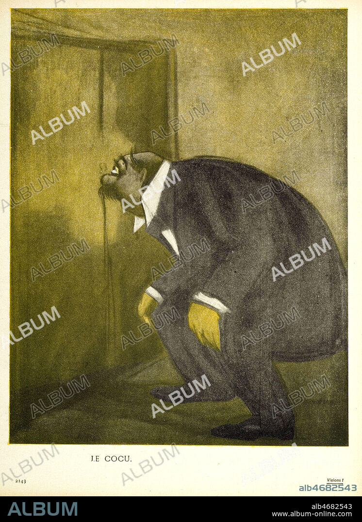 Le COCU, fond de page jaune, couleur symbolique reliee aux cocus. Illustration lithographie de LEAL da CAMARA (1877-1948) pour l'Assiette au Beurre 'Visions' du 5 septembre 1903. Credit Collection KHARBINE TAPABOR.