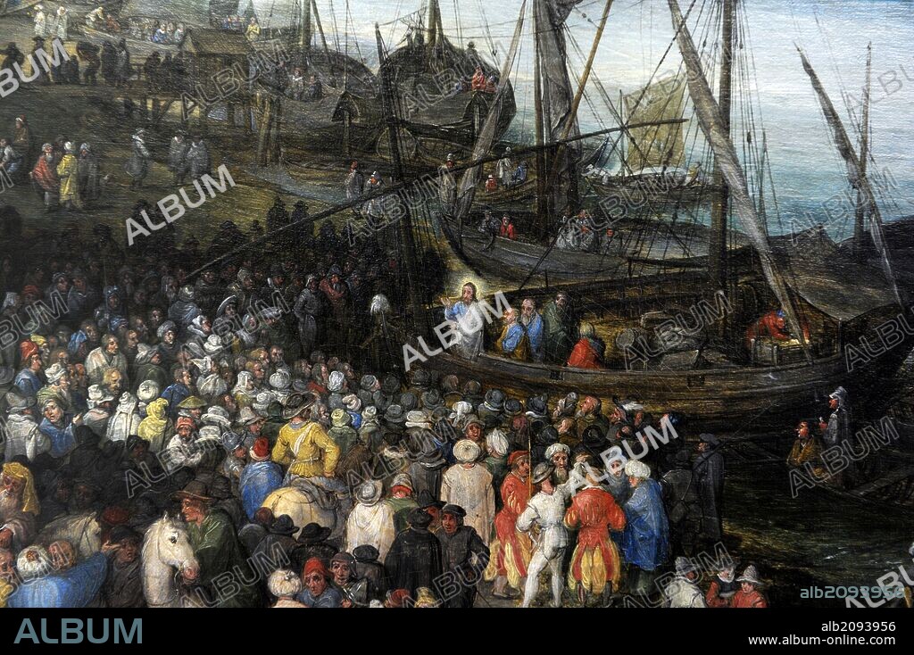 Jan Brueghel the Elder (1568-1625). Flemish painter, Harbour scene with Christ preaching, 1598. Detail of Jesus preaching on a boat. Alte Pinakothek. Munich. Germany.