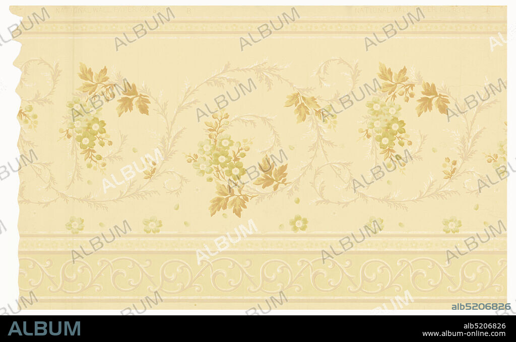 Ceiling paper, National Wall Paper Co., National Wall Paper Company, 1893 - 1900, Machine-printed paper, Yellow background with green flower and tan leaf pattern design., USA, 18971907, Wallcoverings, Ceiling paper.