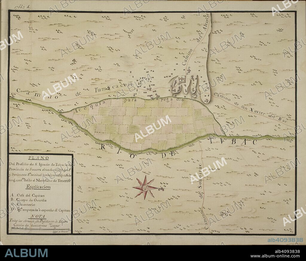 Plano del Presidio de S. Ignacio de Tubac en la Provincia de Sonora situado en 32 grads. y 3 minutos de latitidud boreal y en 252Â° y 24' de long. cont. da desde el Meridiano de Tenerife. Tubac was the original Spanish colonial garrison in Arizona. . TWENTY-ONE coloured maps and plans of towns and various settlements in the North of Mexico with their environs; all, except one, situated in the Provincias Internas. By Joseph de Urrutia. Paper, XVIIIth cent. Folio. Ca. 1768. Source: Add. 17662 h9.