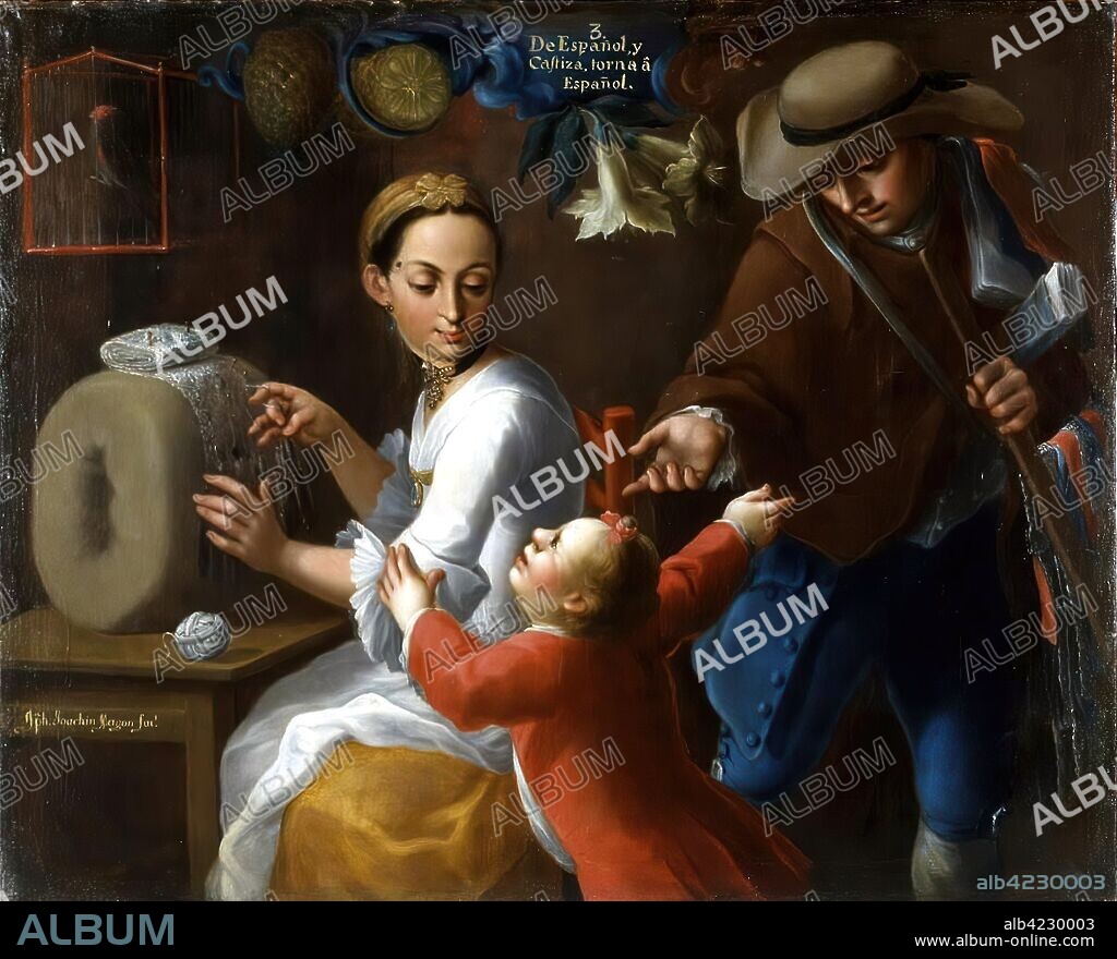 JOSÉ JOAQUÍN MAGÓN. Escena en la que una mujer sentada parace hacer encaje de bolillos mientras mira a un niño que, a su vez, señala con una de sus manos a un hombre que también tiene uno de sus brazos extendidos hacia el menor, En la parte superior central del lienzo aparece una inscripción. Lienzo, con marco de madera, pintado al óleo. 112 cm x 136 cm.