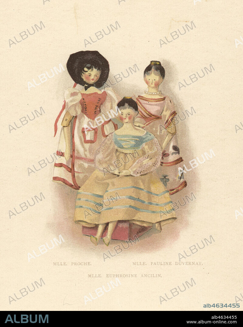 Ballet dancers Mlle. Proche Giubelei in La Sommambula, Mlle. Pauline Duvernay in Sleeping Beauty and Mlle. Euphrosine Ancilin as dolls dressed by young Princess Victoria. Color plate after an illustration by Alan Wright from Frances H. Lows Queen Victorias Dolls, George Newness, London, 1894.