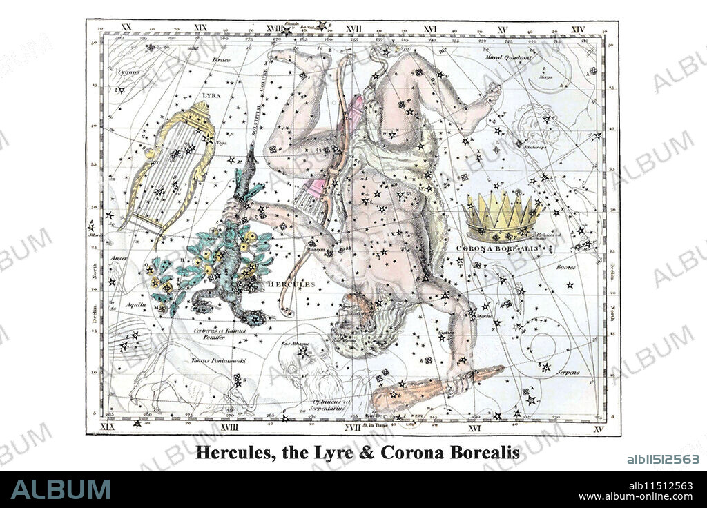 Roman Hercules, Greek Herakles, who was the greatest of the Greek heroes and famous for his twelve labors. As an infant Hercules strangled two serpents sent by Juno to kill him as he lay asleep in his cradle. It is suggested that the two serpents represent the the Lunar Nodes. He died on a funeral pyre, became a god, and ascended to Mount Olympus to join the other gods. Engonasin is a Greek title for Hercules, with Roman writers translating it Geniculator or Geniculatus; these terms meaning 'the Kneeling Man'. Engonasi, from en gonasi, 'on his knees".  Alexander Jamieson (1782–1850) was a Scottish writer and schoolmaster, now best known as a rhetorician. He has been described as effectively a professional textbook writer.  After the failure of his school, he worked as an actuary.