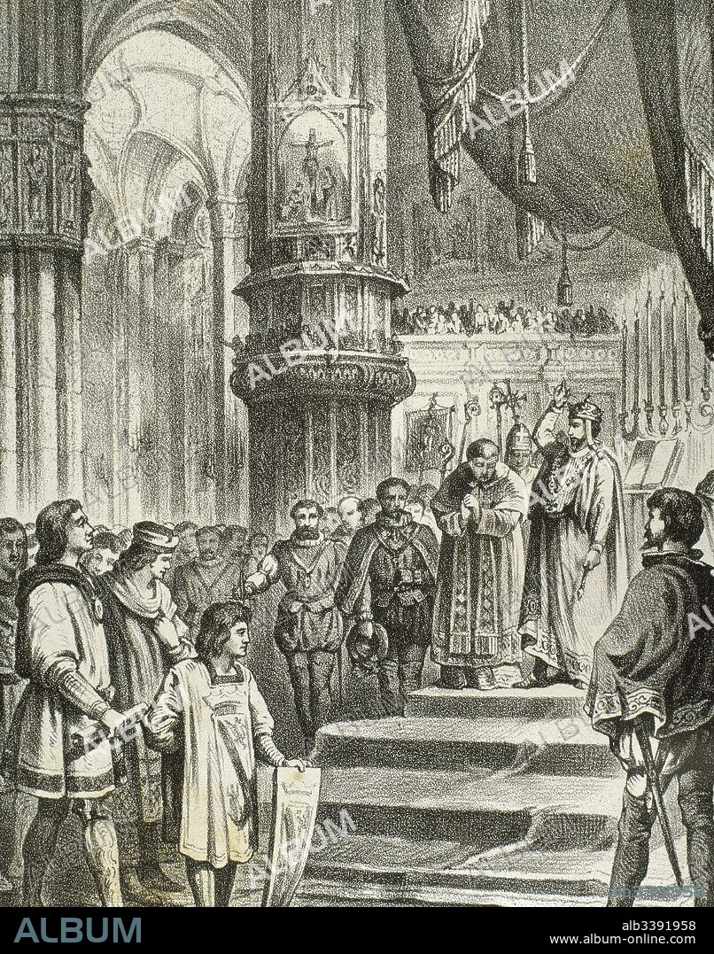 Charles I of Spain and V of Germany (1500-1558). King of Spain (1517-1556) and Emperor of Germany (1519-1556). First Spanish monarch of the House of Austria. Son of Philip the Handsome and Joanna the Mad. Coronation of Charles V in Aachen Cathedral on June, 1519. Engraving by Serra. "Historia de Espana Ilustrada", 1875.