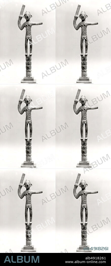 Smiting god figure, Canaanite, Late Bronze Age, Date ca. 1500 B.C., Syria or Levant or Anatolia, Canaanite, Bronze, 7.5 in. (19.05 cm), Metalwork-Sculpture.