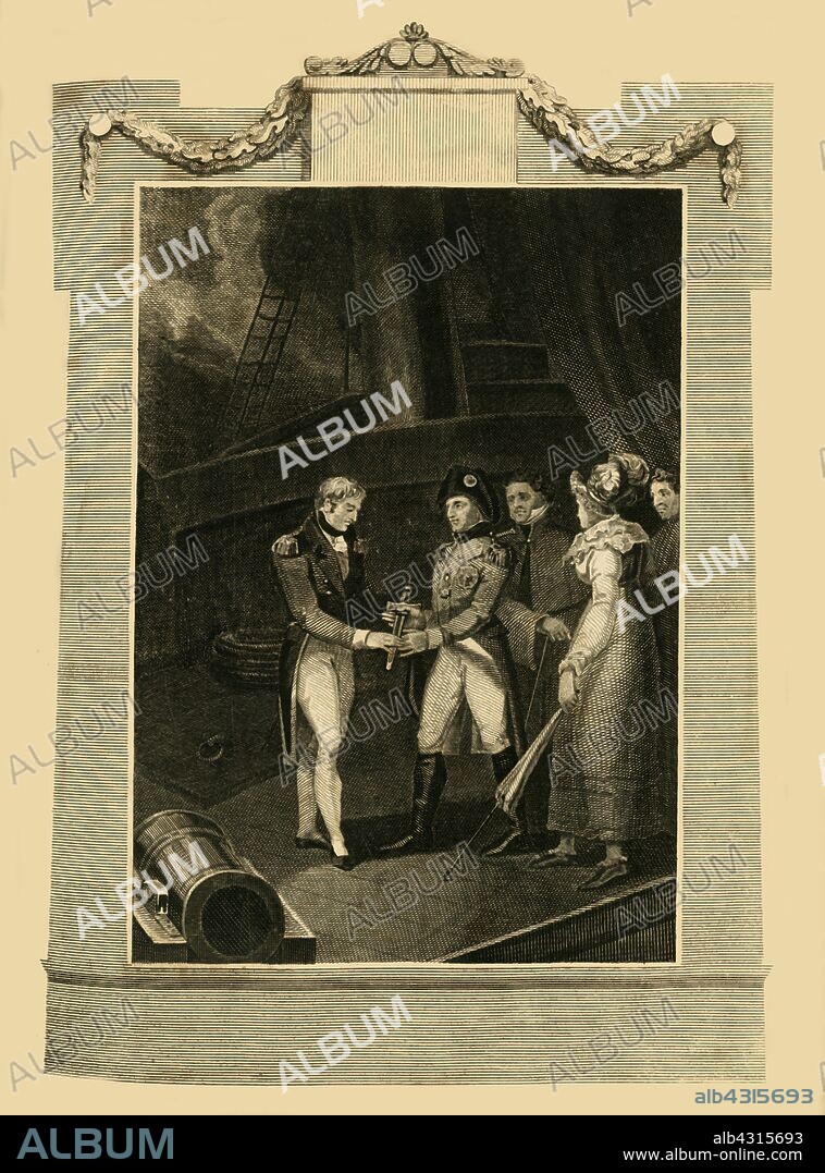 'The surrender of Buonaparte on board the Bellerophon', (15 July 1815), 1816. Napoleon Bonaparte (1769-1821) French statesman, military leader surrendered to Captain Frederick Maitland of HMS Bellerophon on 15 July 1815. From "The History of the War, from the Commencement of the French Revolution to the Present Time, Vol. III", by Hewson Clarke, Esq. [T. Kinnersley, Limited, London, 1816].
