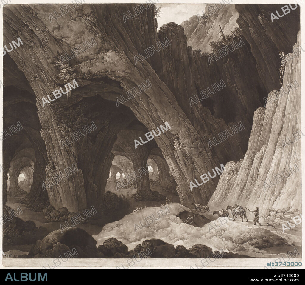 JOHANN PETER PICHLER, AFTER GUILLAM DUBOIS. Travelers Resting in Gigantic Caverns (after Guillam Dubois). Dated: c. 1800. Dimensions: plate: 56.6 × 64.6 cm (22 5/16 × 25 7/16 in.)  sheet: 59.8 × 68.5 cm (23 9/16 × 26 15/16 in.). Medium: mezzotint on wove paper.