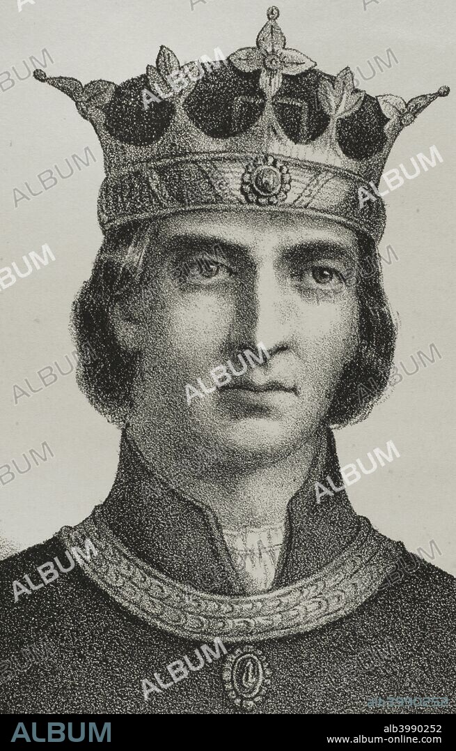 Pedro IV de Aragón, llamado el Ceremonioso (Balaguer, 1319-Barcelona, 1387). Rey de Aragón, Valencia, Cerdeña y Córcega y Conde de Barcelona. Dibujo por Llanta. Detalle. Litografía. Crónica General de España, Historia Ilustrada y Descriptiva de sus Provincias. Cataluña, 1866. Biblioteca Histórico Militar de Barcelona. Cataluña, España.