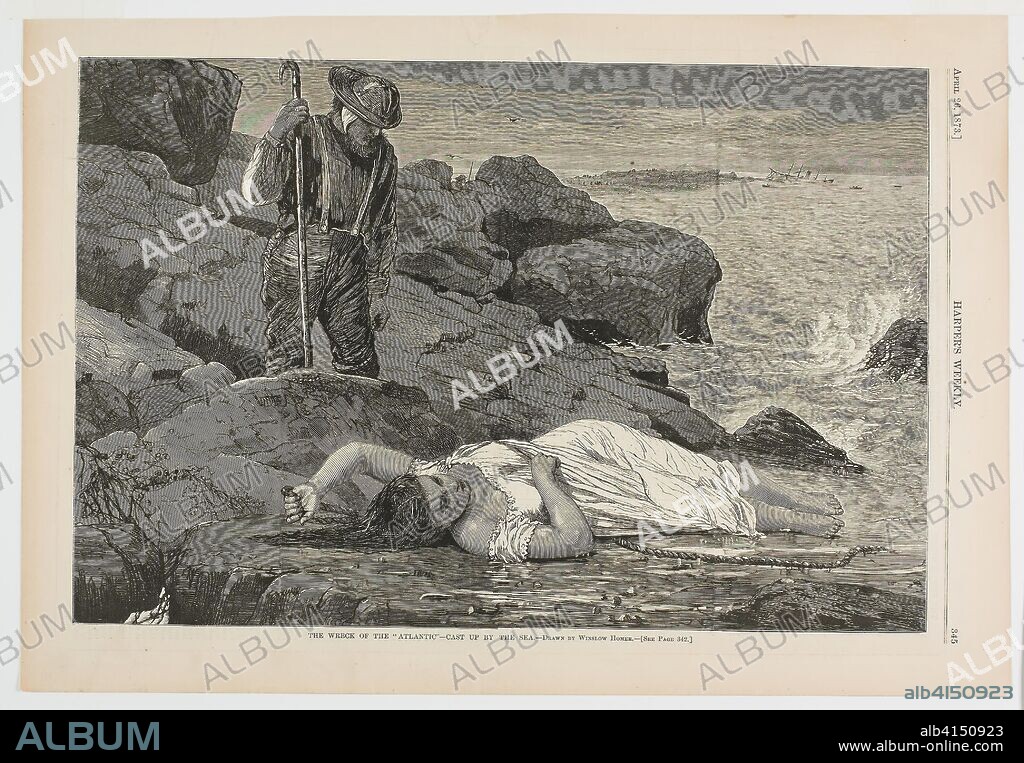 The Wreck of the "Atlantic"--Cast Up by the Sea. Winslow Homer (American, 1836-1910); published by Harper's Weekly (American, 1857-1916). Date: 1873. Dimensions: 233 x 352 mm (image); 279 x 403 mm (sheet). Wood engraving on paper. Origin: United States.