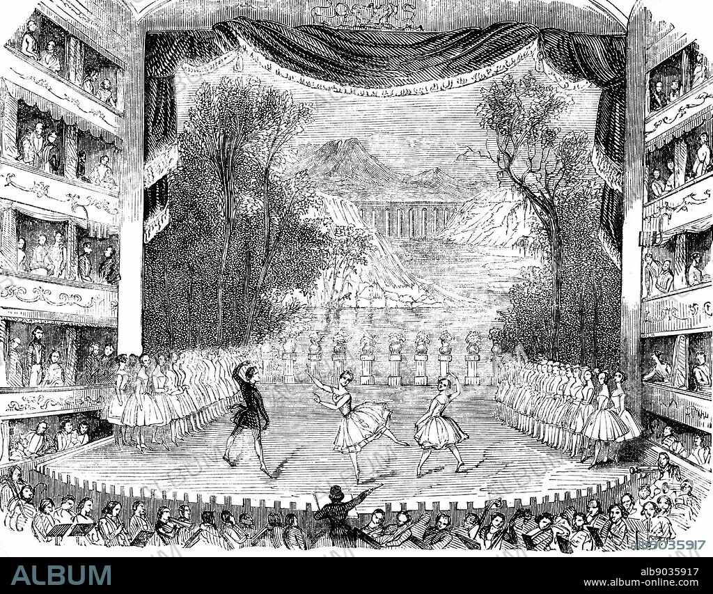 Jules Perrot (1810-1894) French dancer, choreographer and ballet master, and Fanny (Francesca) Cerito or Cerrito (c1817-1909) Italian ballerina, appearing in 'L' Eleve de l'Amour' ('The Pupil of Love') at Her Majesty's Theatre, London, 1842. Music by English-based Italian conductor and composer Michael Costa. From 'The Illustrated London News', 1842.