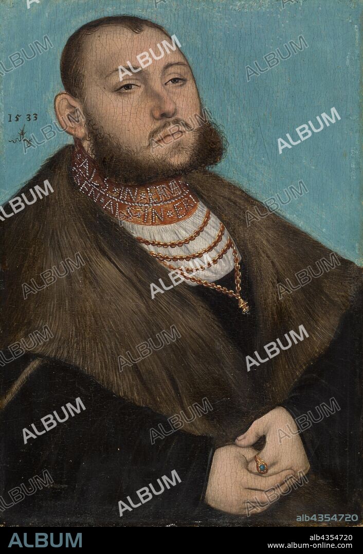Portrait of Johann Friedrich the Magnanimous, Elector of Saxony (front), black painting with attached coat of arms on paper (verso), 1533, oil on beech wood, 20.4 x 14.2 cm, inscribed and dated upper left next to the ear with the serpent sign under the year 1533. On the ruffle beading: AS IN EREN, ..., REN AS IN ER ..., Lucas Cranach d. Ä., Kronach 1472–1553 Weimar.