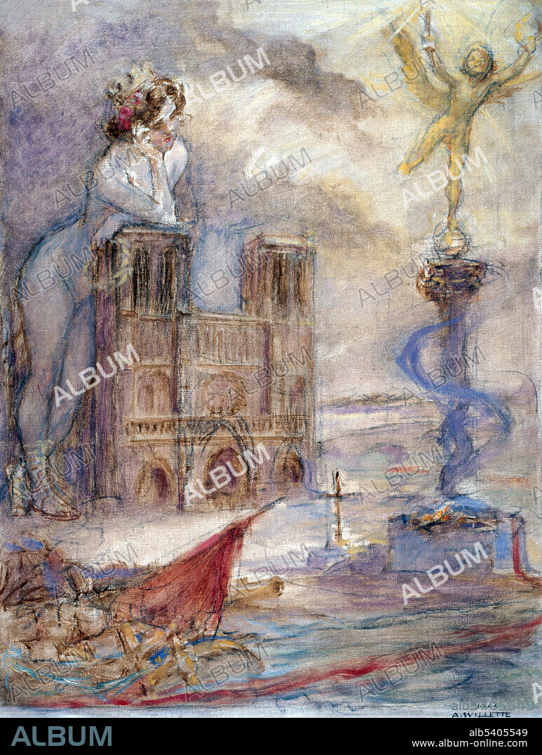 "Notre-Dame de Paris, 1904" oil painting by Adolphe Leon Willette (1857-1926). Depicted is an allegory of the City of Paris with the exterior of the Notre Dame cathedral, the July Column memorializing the Revolution of 1830, the Bastille fortress/prison that was stormed by a crowd in 1789 and the red flag of the Revolutionaries draping a street barricade erected during the Revolution of 1848. Adolphe Leon Willette was a French painter, illustrator, caricaturist, and lithographer, as well as an architect of the famous Moulin Rouge cabaret. (Image has been cropped and cleaned.).
