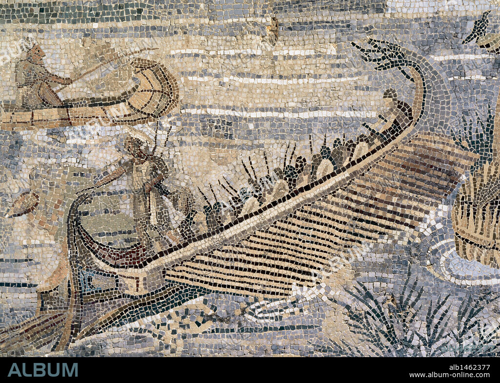 Roman Art. The Nile mosaic of Palestrina. Barberini mosaic or Nile's landscape. Hellenistic floor mosaic depicting scenes in the river Nile .It was part of a Classical sanctuary-grotto in Palestrina, Italy.  1st century BC. Detail in the bottom right hand depicting a trireme. Prenestino National Archaeological Museum. Italy.