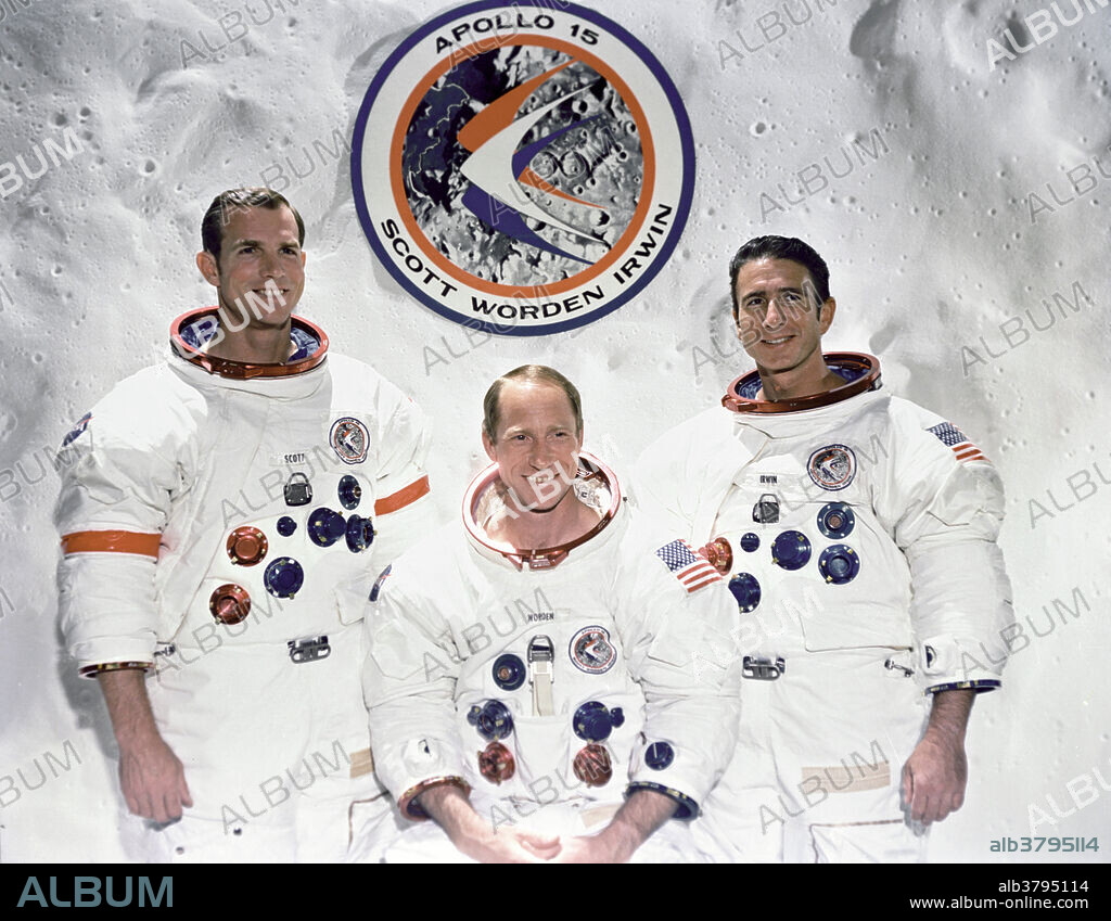 The prime crew of the Apollo 15 lunar landing mission. They are from left to right: Commander, David R. Scott, Command Module pilot, Alfred M. Worden and Lunar Module pilot, James B. Irwin. The Apollo 15 emblem is in the background. THIS IMAGE MAY NOT BE USED FOR COMMERCIAL PURPOSES SUCH AS ADVERTISING, OR IN SUCH A WAY AS TO IMPLY ENDORSEMENT OF ANY PRODUCT OR SERVICE.