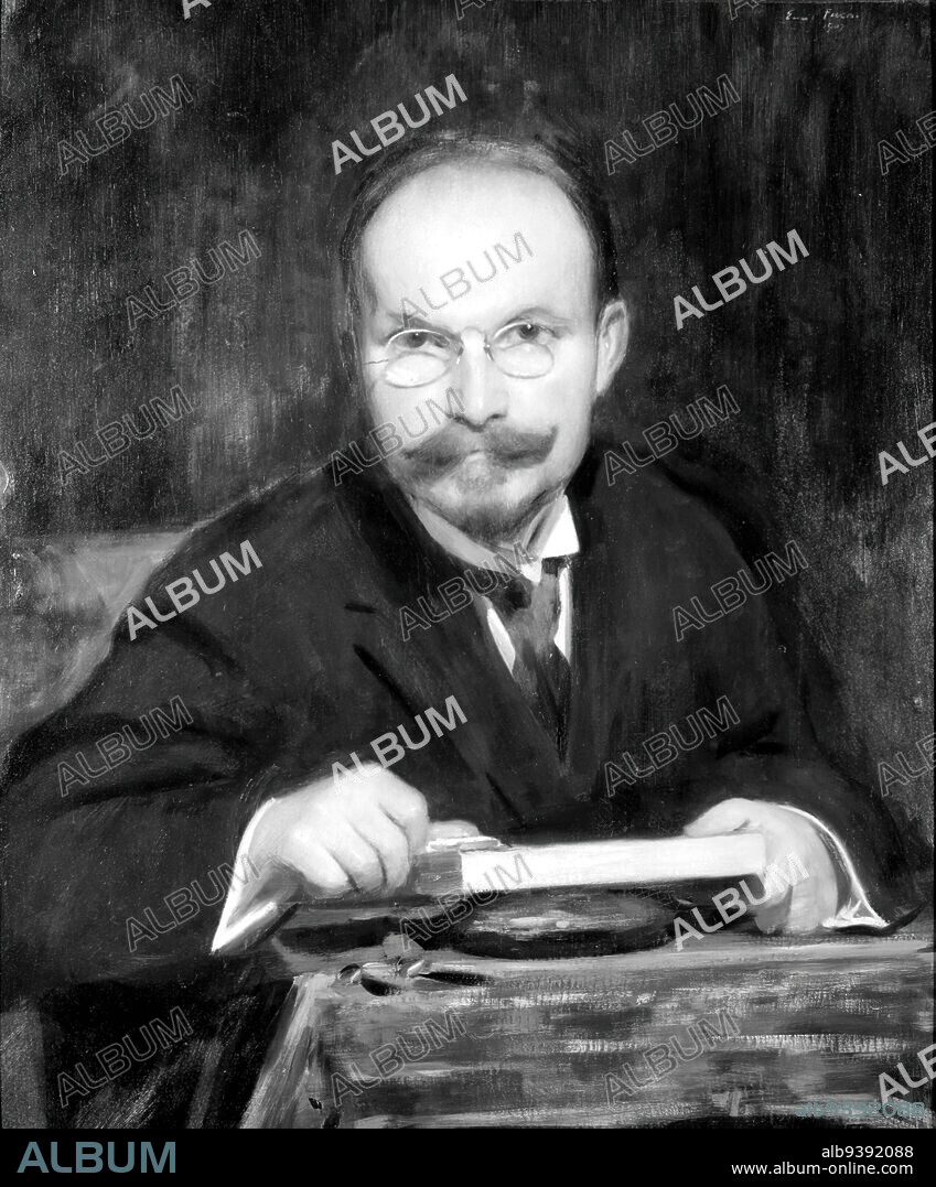 Henry Wolf, Emil Fuchs, American, born Austria, 1866-1929, Oil on particleboard, 1907, 29 15/16 x 25 in., 76 x 63.5 cm, 1907, american, american painting, book, Emil Fuchs, Fuchs, glasses, Henry Wolf, man, mustache, oil, oil painting, painting, particleboard, portrait, suit.