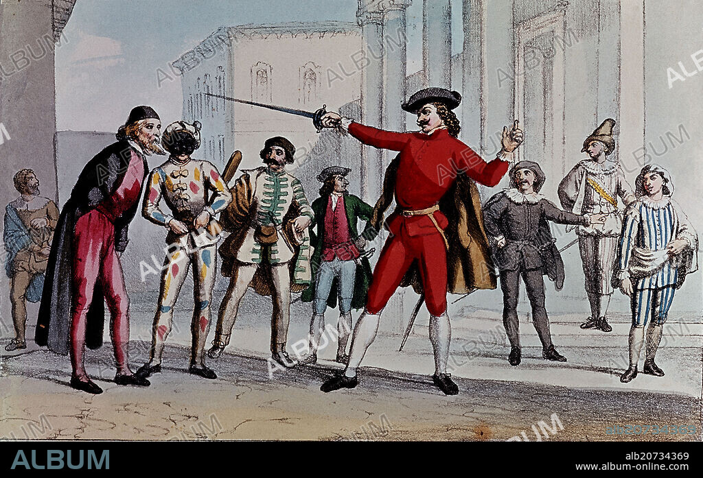 COMEDIA DEL ARTE - MASCARA DEL TEATRO ITALIANO - SIGLO XVII - DUELO.