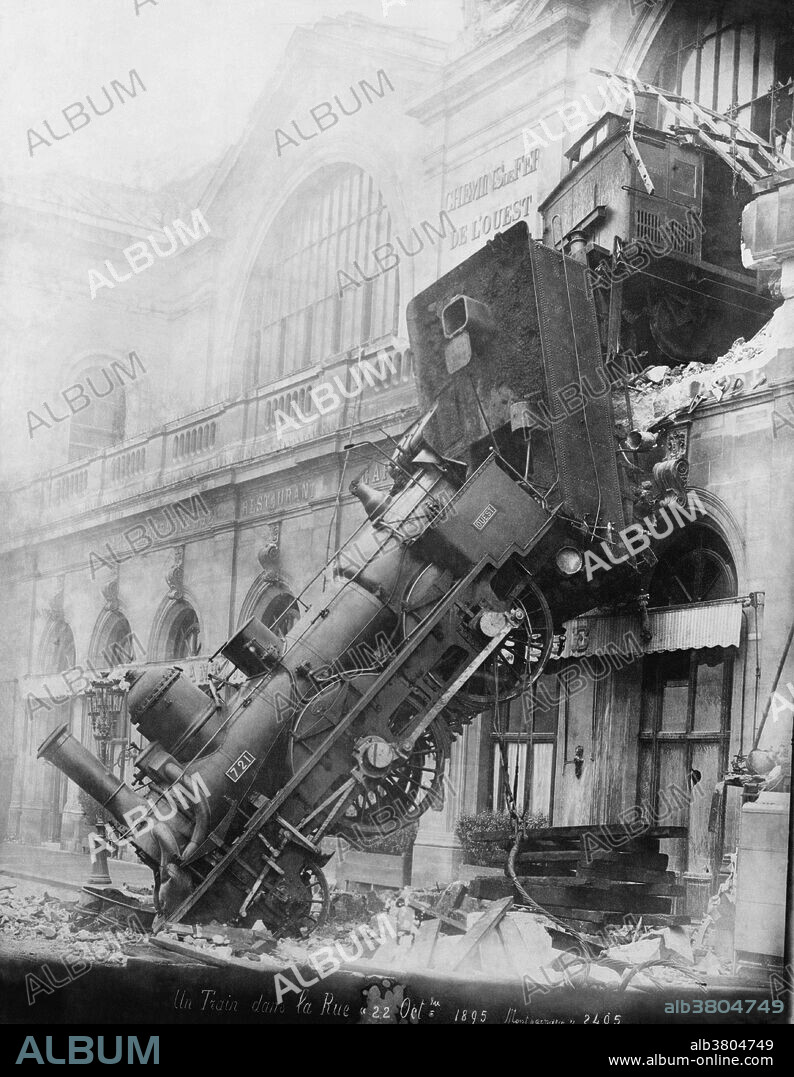 Iconic image from the October 22nd, 1895 derailment of a passenger train at Gare Montparnasse, in Paris, France.