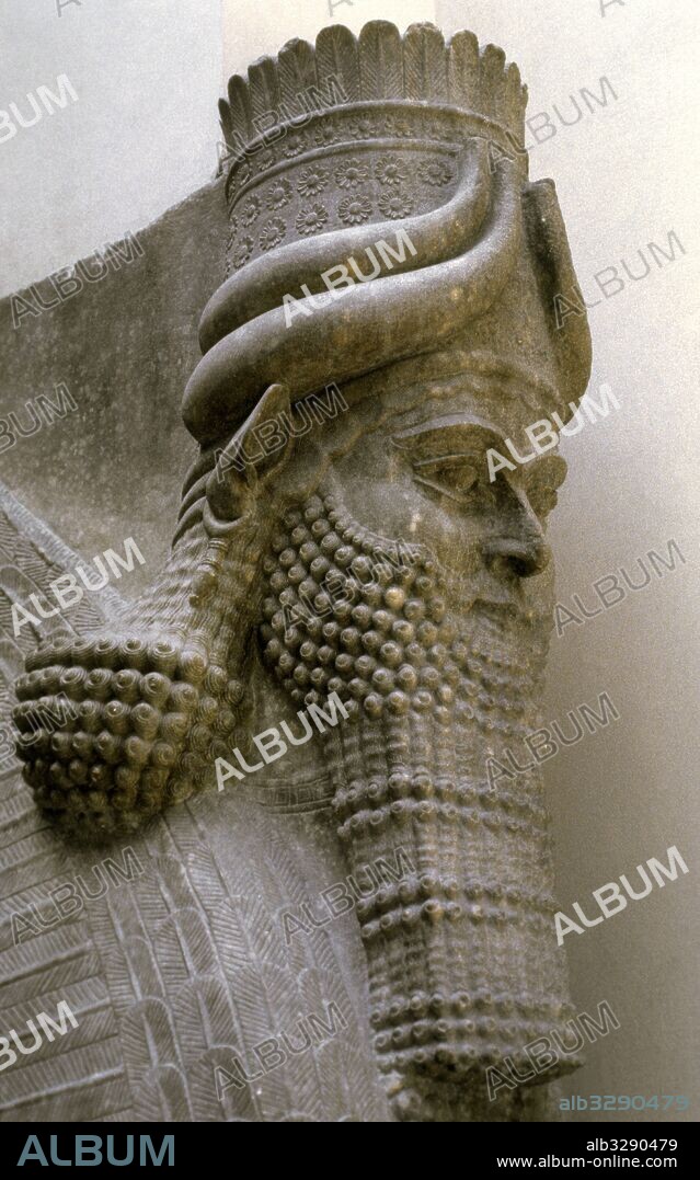 Lamassu from the Palace of Sargon II. Assyrians. Detail of Head. 706 BC. Khorsabad Palace. Louvre Museum. Paris. France.