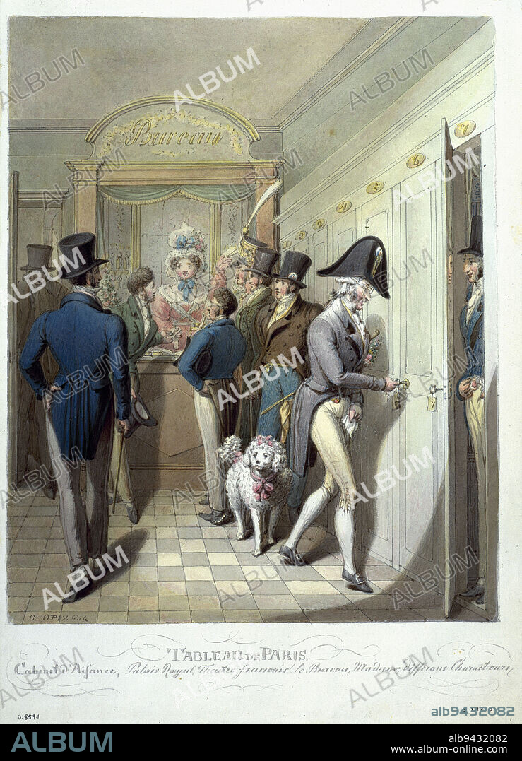 Painting of Paris. Cabinet d'Aisance, Palais Royal, Théâtre français, le Bureau, Madame, various Characters, Opiz or Opitz, George Emmanuel, Draughtsman, In 1831, Graphic arts, Drawing, Height: 36.3 cm, Width: 26.2 cm.