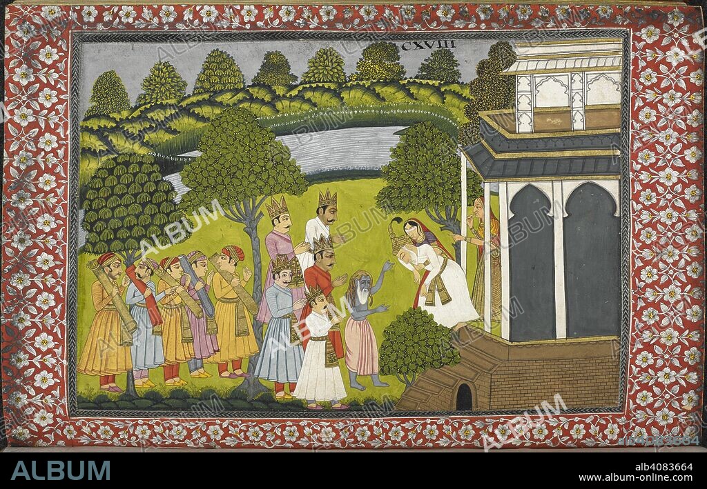 NAQIB KHAN. Gandhari, blindfolded, and Kunti escorting the infirm Dhrtarastra to the wilderness watched by the Pandavas and Vyasa. Mahabharata. Muradabad,1761-1763. Source: Add. 5640, f.367v. Language: Persian.