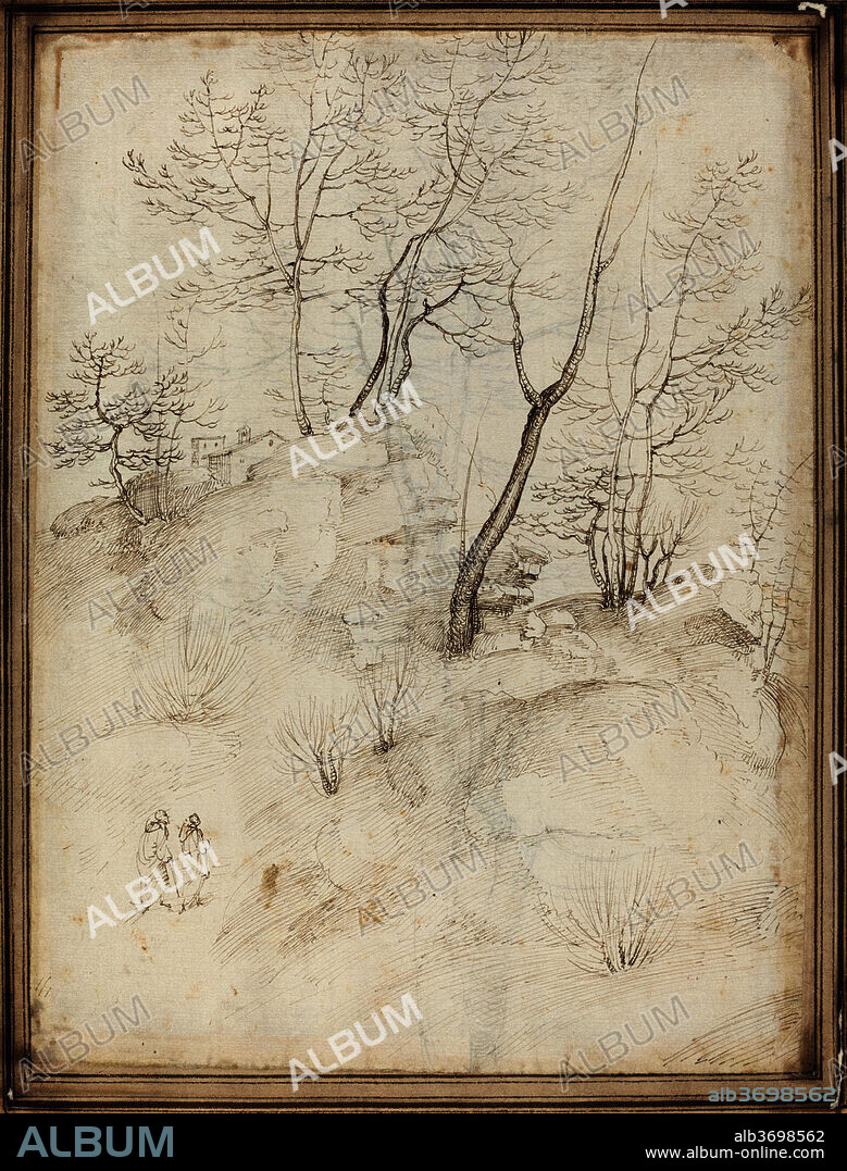 FRA BARTOLOMMEO. Two Friars on a Hillside [recto]. Dimensions: Overall: 28.7 x 21.7 cm (11 5/16 x 8 9/16 in.)  support: 41.1 x 27.9 cm (16 3/16 x 11 in.). Medium: pen and brown ink on laid paper.