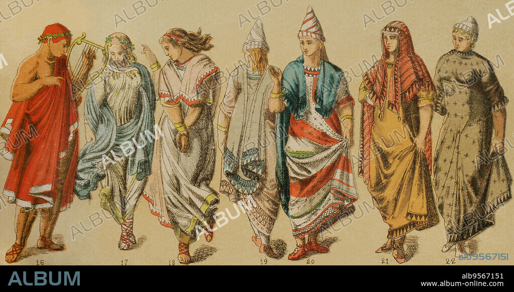 Etruscans. From left to right: 16- musician, 17 and 18- Etruscan dancer costumes, 19 and 20- Etruscan woman's cape, 21- Etruscan woman's cape with a sort of hood, 22- Etruscan woman's dress. Chromolithography. "Historia Universal" by César Cantú. Volume II, 1881.