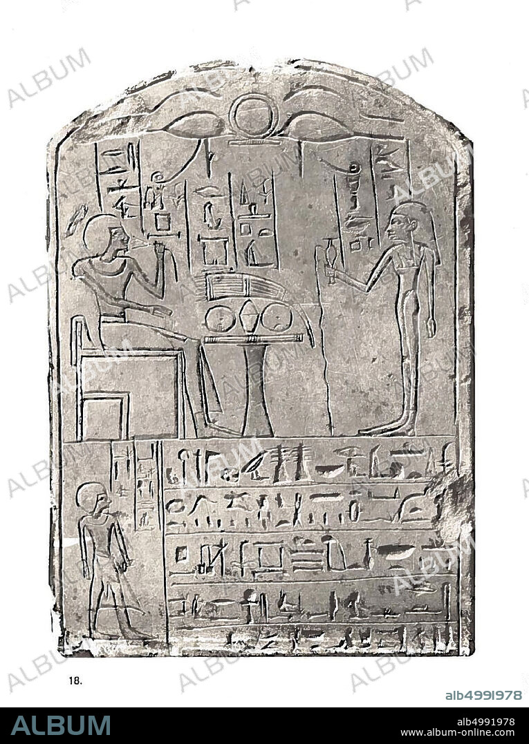 Penserd, round arch, Limestone stele of a king writer named Penserd. In the round arch two Horus eyes with a ring in between. The inscription contains sacrificial formulas for the god Osiris. Penserd is pictured sitting on a chair at an offering table while he smells a lotus flower. For the Egyptians, the lotus was a symbol for regeneration. His wife stands opposite Penserd. She pours out a liquid as an offering, this is called a libation. On the bottom left is Seni pictured, the brother of Penserd. He has founded this stela for Penserd, of course he shows himself on the stela. So he also benefited for the eternity of the offerings and favors of the god Osiris., Stele, limestone, 34 x 24 cm, New Kingdom, 18th Dynasty, Amenhotep I-Thutmosis II, Egypt.