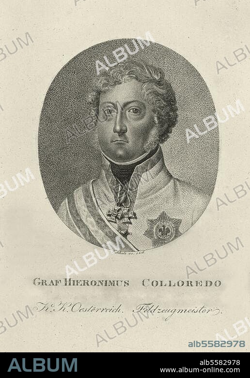 Colloredo-Mansfeld, Hieronymus Graf v. österr. Feldzeugmeister (kommandierte 1813 bei Leipzig das 1. österr. Armeekorps). Wetzlar 30.3.1775 - Wien 23.7.1822. Porträt. Punktierstich, 1816, von Christian Schule (1764-1816). 10,3 × 8,7 cm. Berlin, Sammlung Archiv für Kunst und Geschichte.
