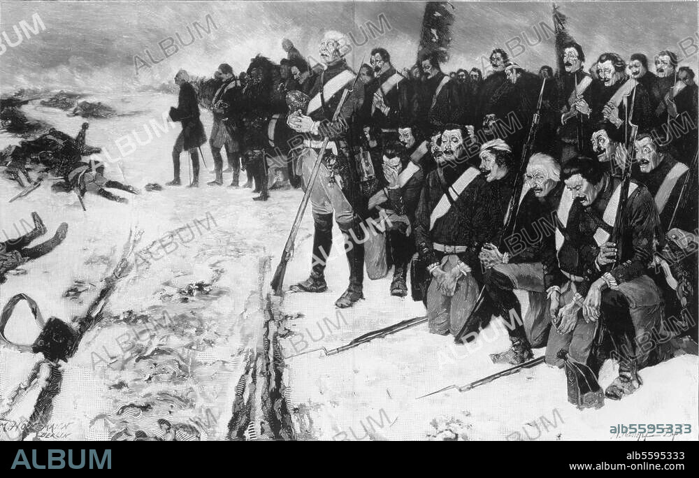 Siebenjähriger Krieg 1756-63:. Schlacht bei Leuthen am 5. Dezember 1757. - "Nun danket alle Gott! Der Choral nach der Schlacht bei Leuthen". Holzstich nach Gemälde, 1886, von Arthur Kampf (1864-195). Aus: A.Bär u. a., Bildersaal Deutscher Geschichte, Stuttart Berlin Leipzig, 1890.