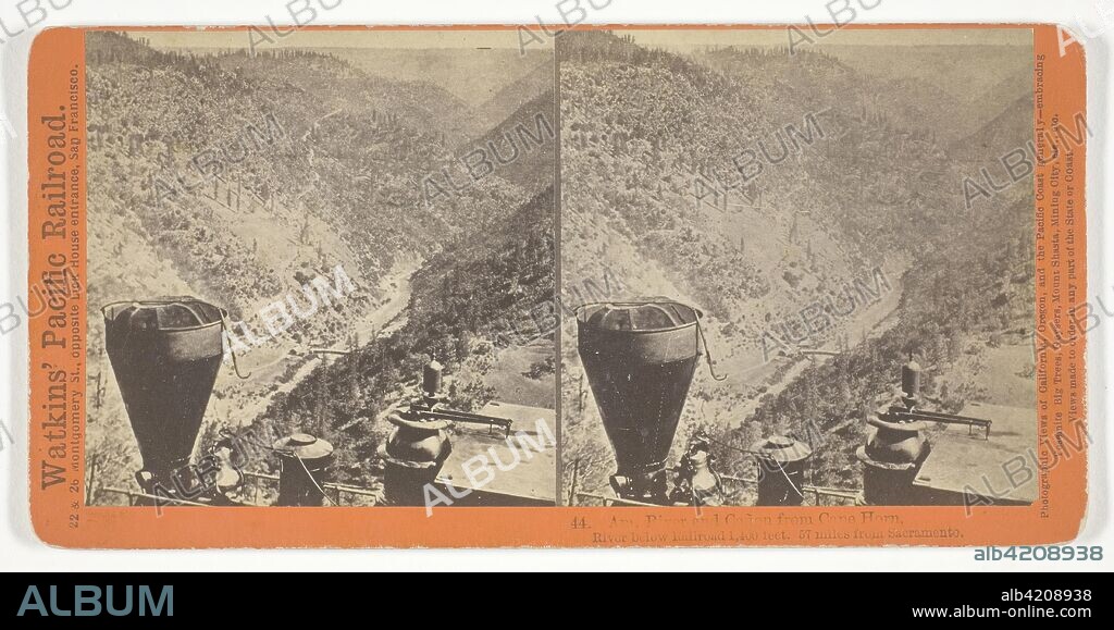 Am. River and Canon from Cape Horn, River below Railroad 1,400 feet. 57 miles from Sacramento. Alfred A. Hart; American, 1816-1908. Date: 1864-1869. Dimensions: 7.8 x 7.8 cm (each image); 8.7 x 17.5 cm (card). Albumen print, stereo, No. 44 from the series "Watkins' Pacific Railroad". Origin: United States.