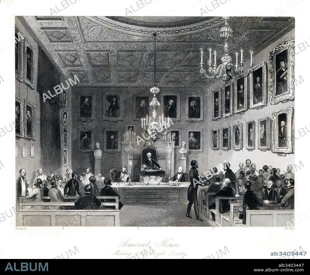 Meeting of the Royal Society in Somerset House. The hall is decorated with portraits of members including John Evelyn, Sir Isaac Newton, Sir Humphrey Davy, Sir Martin Folkes, etc. Steel engraving by Henry Melville after an illustration by Fairholt from London Interiors, Their Costumes and Ceremonies, Joshua Mead, London, 1841.