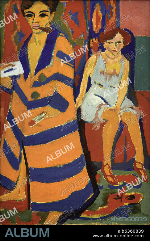 ERNST LUDWIG KIRCHNER. Kirchner, Ernst Ludwig Maler, Graphiker und Bildhauer Aschaffenburg 6.5.1880 - (Selbstmord). Frauenkirch bei Davos 15.6.1938. "Selbstbildnis mit Modell", 1910. Öl auf Leinwand, 150,4 × 100 cm. Hamburg, Kunsthalle.