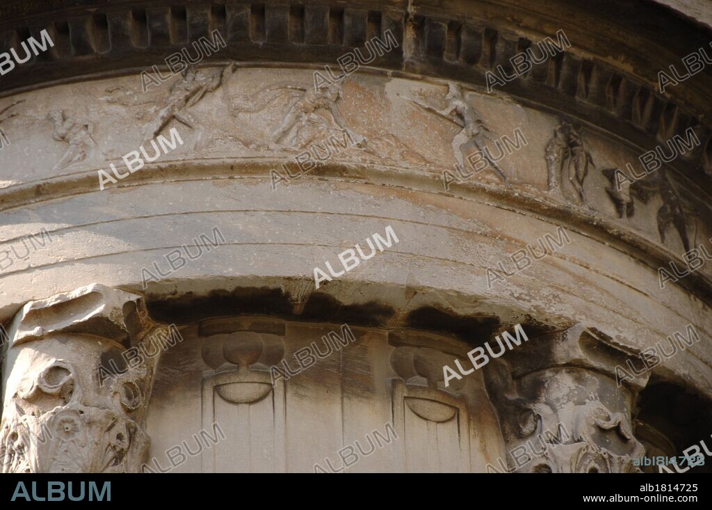 Greece, Athens. The Choragic Monument of Lysicrates, 335-334 BC. Architectural detail. Corinthian order. It  was erected by the choregos Lysicrates,  patron of musical performances in the Theater of Dionysus, to commemorate the prize in the dithyramb.