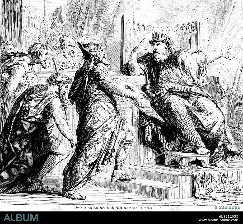Joab brings the number of the people to the king, Israel, census, sword, throne, king, men, Bible, Old Testament, First Book of Chronicles, chapter 21, verse 5, historical illustration c. 1850