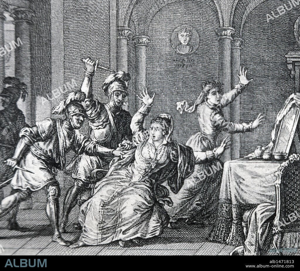 Ines de Castro (1325-1355). Queen consort of Portugal. Murder of Ines de Castro at the Monastery of Saint Claire the Older by Alonso Gonzalvez, Pedro Coelho and Diego Lopez Pacheco. Engraving. 18th century.