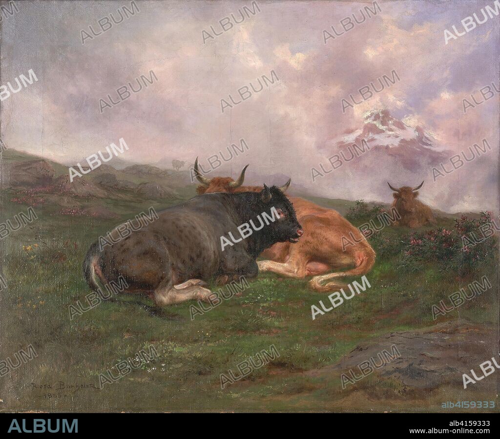 Cattle at Rest on a Hillside in the Alps. Rosa Bonheur; French, 1822-1899. Date: 1885. Dimensions: 54.9 × 66.4 cm (21 5/8 × 26 1/8 in.). Oil on canvas. Origin: France.