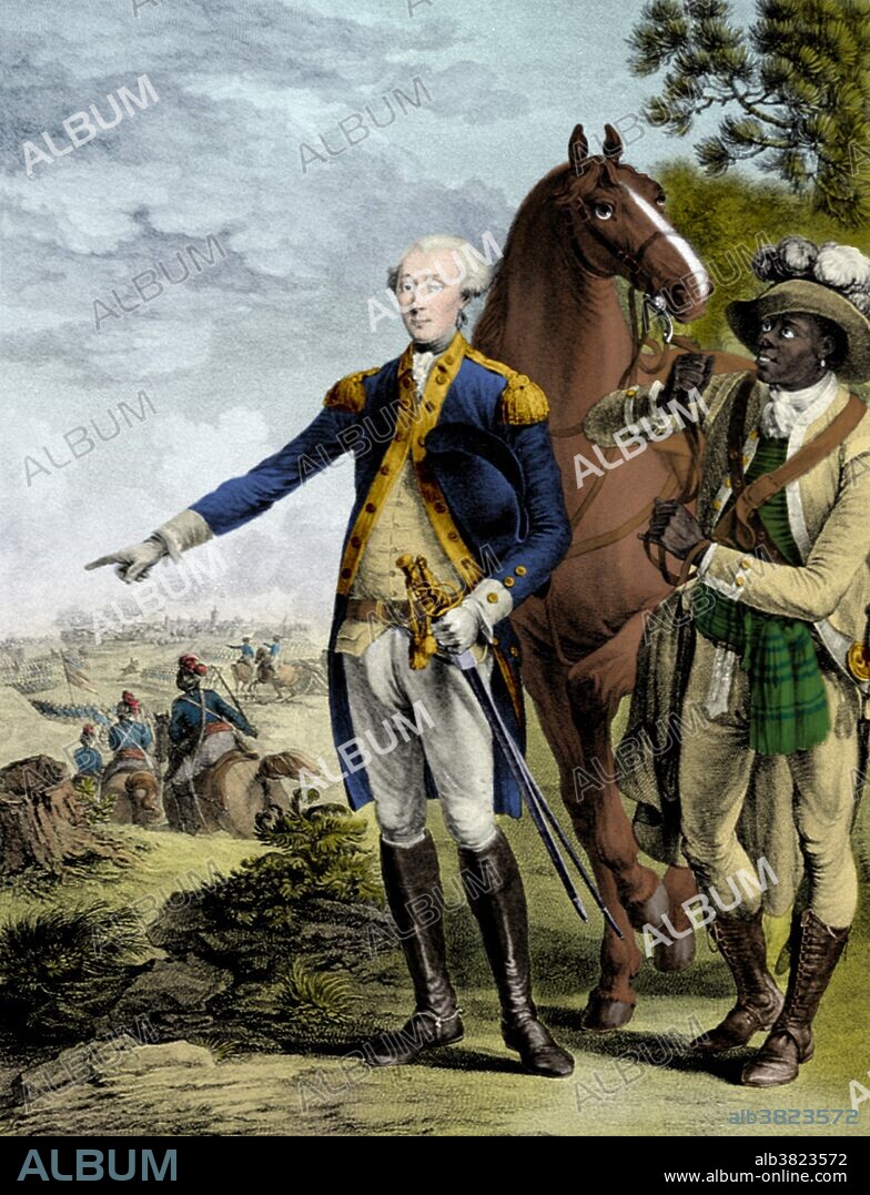 Entitled: "Lafayette, wearing uniform and holding two swords, directing American troops during the battle at Yorktown; a black soldier holds his horse." Marie-Joseph Paul Yves Roch Gilbert du Motier de Lafayette, Marquis de Lafayette (September 6, 1757 - May 20, 1834) was a French aristocrat and military officer. Convinced that the American cause in its revolutionary war was noble, Lafayette travelled to the New World seeking glory in it. He was wounded during the Battle of Brandywine, and served with distinction in the Battle of Rhode Island. In 1781, troops in Virginia under his command blocked forces led by Cornwallis until other American and French forces could position themselves for the decisive Siege of Yorktown. Lafayette was a key figure in the French Revolution of 1789 and the July Revolution of 1830. He helped write the Declaration of the Rights of Man and of the Citizen, with the assistance of Jefferson. After the storming of the Bastille, he was appointed commander-in-chief of the National Guard, and tried to steer a middle course through the French Revolution. In August 1792, the radical factions ordered his arrest and he spent more than five years in prison. He died in 1834, at the age of 76, and is buried in Picpus Cemetery under soil from Bunker Hill.