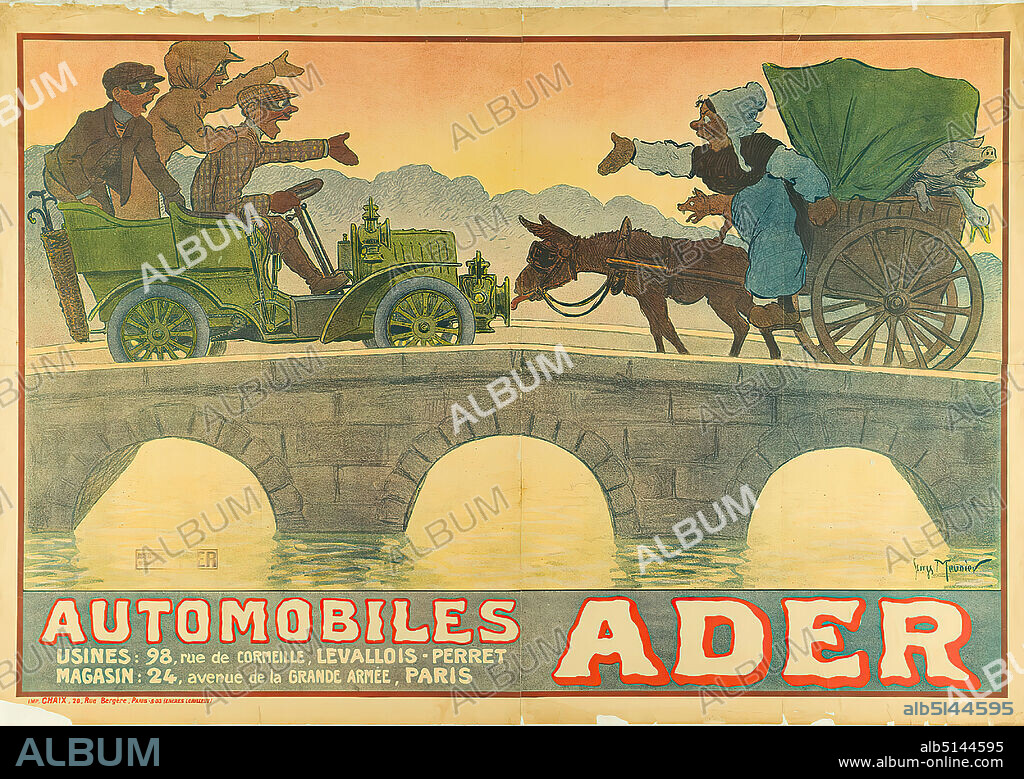 Georges Meunier, Imprimerie Chaix, Automobiles Ader, paper, lithography, total: height: 110 cm; width: 157,3 cm, signed: u. r. in the printing plate: Georges Meunier, product and business advertising (posters), car, automobile, donkey, development, evolution.