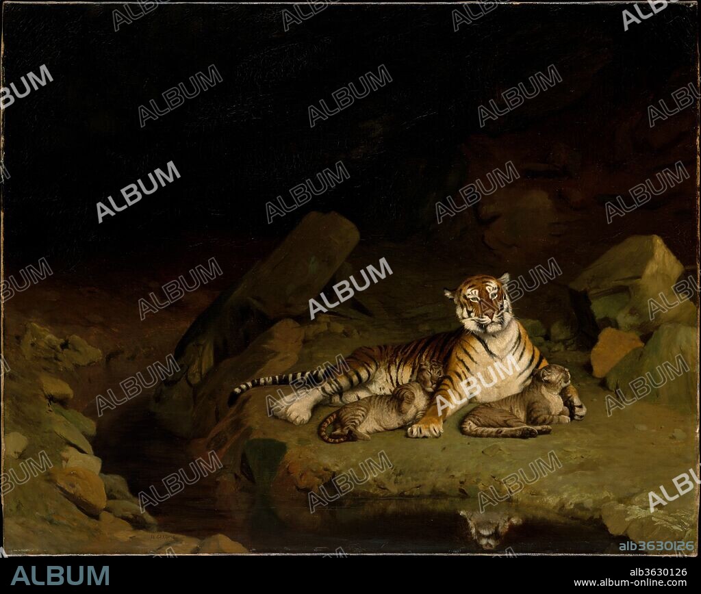 JEAN LEON GEROME. Tiger and Cubs. Artist: Jean-Léon Gérôme (French, Vesoul 1824-1904 Paris). Dimensions: 29 x 36 in. (73.7 x 91.4 cm). Date: ca. 1884.
Gérôme attributed the success of his animal paintings to his early studies at the menagerie of the Jardin des Plantes in Paris. The soft handling and the unemphatic drawing in this painting are characteristic of Gérôme's work from the 1880s. It was probably painted about 1884, when the artist exhibited another nocturnal scene featuring tigers, <i>Night in the Desert</i>, at the Paris Salon (now Carnegie Museum of Art, Pittsburgh).