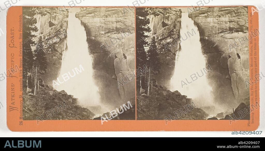 The Nevada Fall, 700 ft., Yosemite. Carleton Watkins; American, 1829-1916. Date: 1861-1876. Dimensions: 7.8 x 7.8 cm (each image); 8.7 x 17.6 cm (card). Albumen print, stereo, from the series "Watkins' Pacific Coast". Origin: United States.