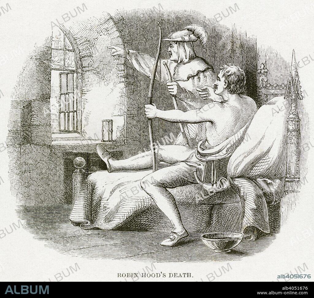 'Robin Hood's Death', c1900(?). Engraved illustration depicting the last moments of Robin Hood. The earliest version of this tale is a few verses at the end of the longest and one of the earliest ballads called A Gest of Robyn Hode although an earlier version of the full tale of Robin's death was found in the famous Percy folio. In the earlier version of the tale, after the Prioress bled Robin Hood (a common medical practice then), he was stabbed by her lover Sir Roger of Doncaster, or Red Roger. The well known tale of Robin launching his final arrow to mark his grave was not in the earlier version. In another ballad, A True Tale of Robin Hood, a friar is said to have killed Robin Hood, and in Robin Hood and the Valiant Knight, it is a monk who did the dirty deed. But the prioress is the oldest and longest lasting tradition of Robin Hood's death. The priory, which was supposed to have been the location of the event, has been called in various ballads Kyrkesly, Church Lees, Kirkly and even Bricklies or Bircklies. A gravestone can be found on the site of the old Kirklees priory in Yorkshire, almost certainly the intended location. The current stone is more recent than the first ballad references to it. This gravesite is on private property.