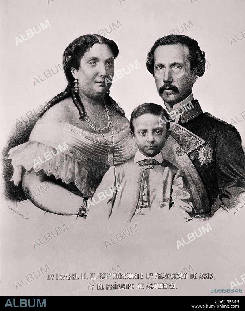 JULIO DONON (S. XIX)-LITOGRAFO. ISABEL II JUNTO A SU ESPOSO FRANCISCO DE ASIS Y ALFONSO XII PRINCIPE ASTURIAS-LITOGRAFIA S XIX.