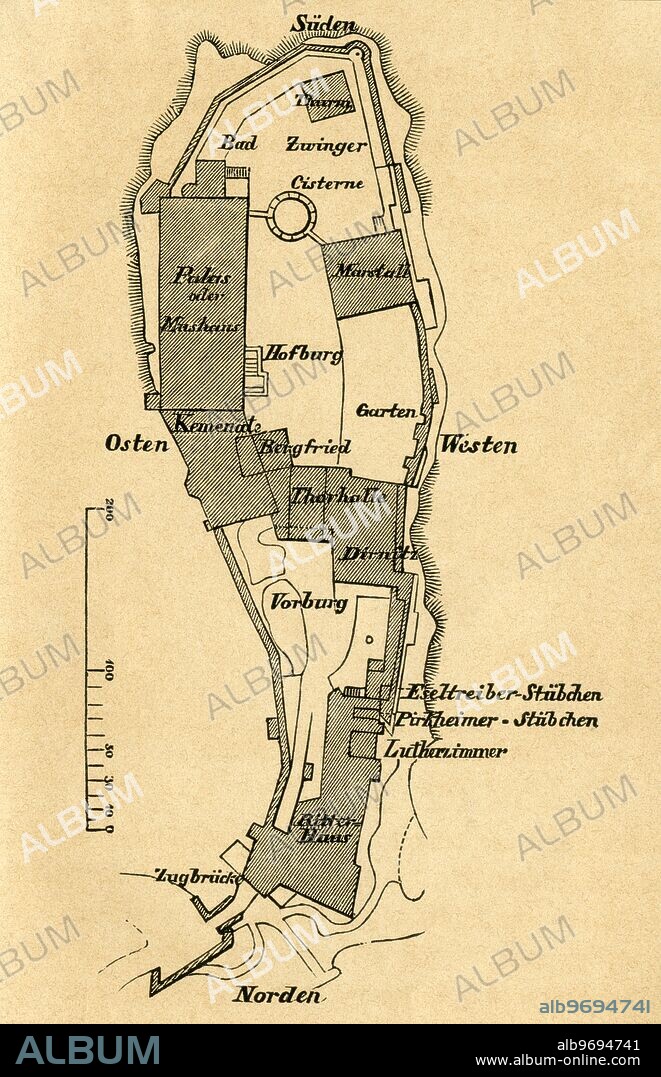 Deutschland, Thuringen, die Wartburg, Grundplan der Burg, Illustration aus : " Der Fuhrer auf der Wartburg ", von Dr. H. v. Ritgen, Verlagsbuchhandlung von J. J. Weber, Leipzig, 1876 . / Germany, Thuringia, the Wartburg, plan of the castle, illustration from : " Der Fuhrer auf der Wartburg " ( the guide of the Wartburg ) , by Dr. H. v. Ritgen, published by J. J. Weber, Leipzig, 1876 .