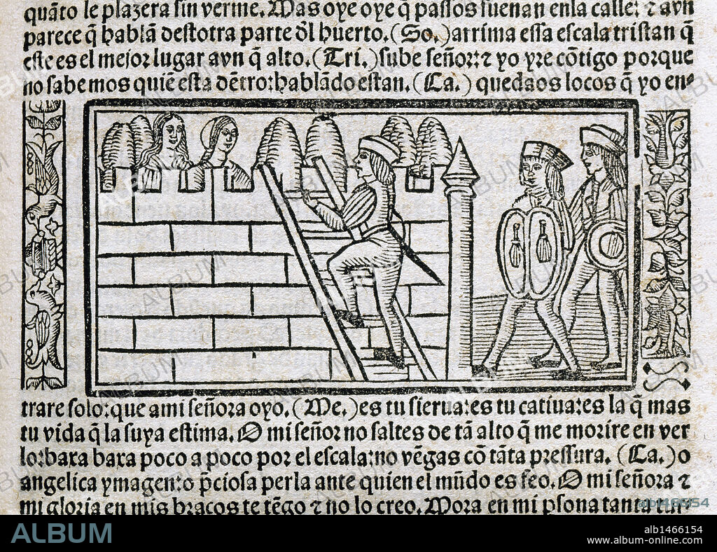 LITERATURA CASTELLANA. S. XV. "LA CELESTINA" o "TRAGICOMEDIA DE CALISTO Y MELIBEA" (1499), obra escrita por Fernando DE ROJAS (Puebla de Montalbán, h. 1465-Talavera de la Reina, 1541), escritor español de familia judía convertido al cristianismo. Grabado con ESCENA DE LA OBRA de la edición impresa en Burgos en 1531. Biblioteca de Cataluña. Barcelona.
