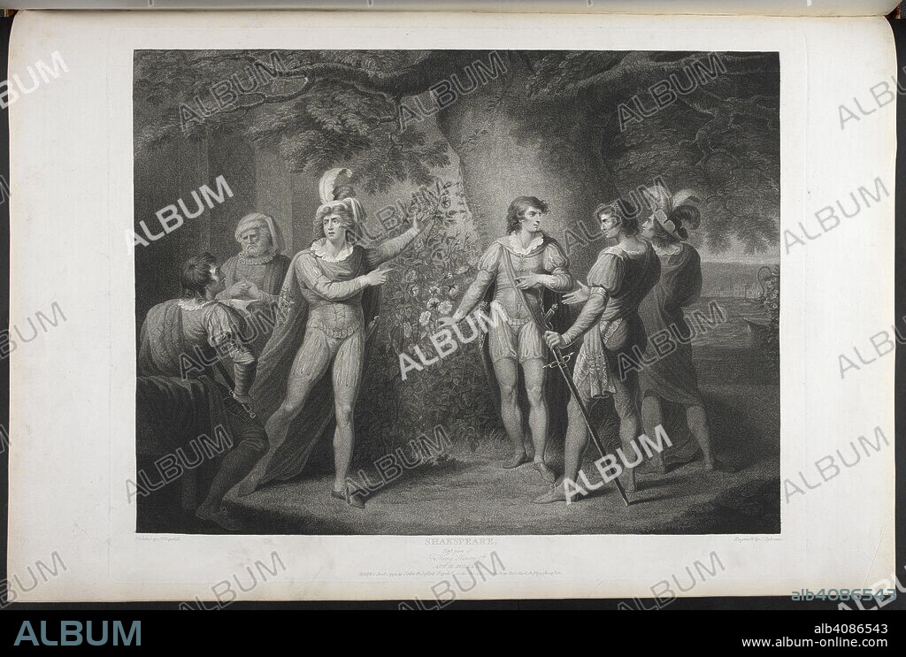 WILLIAM SHAKESPEARE. First part of King Henry VI act II scene IV- the Earls of Somerset, Suffolk & Warwick; Richard Plantagenet, Vernon and another lawyer at London: The Temple Garden. A Collection of Prints, from pictures painted for the purpose of illustrating the Dramatic Works of Shakspeare, by the Artists of Great Britain. London : J. & J. Boydell, 1803. Source: Tab.599.c vol. II, plate XIV. Language: English.