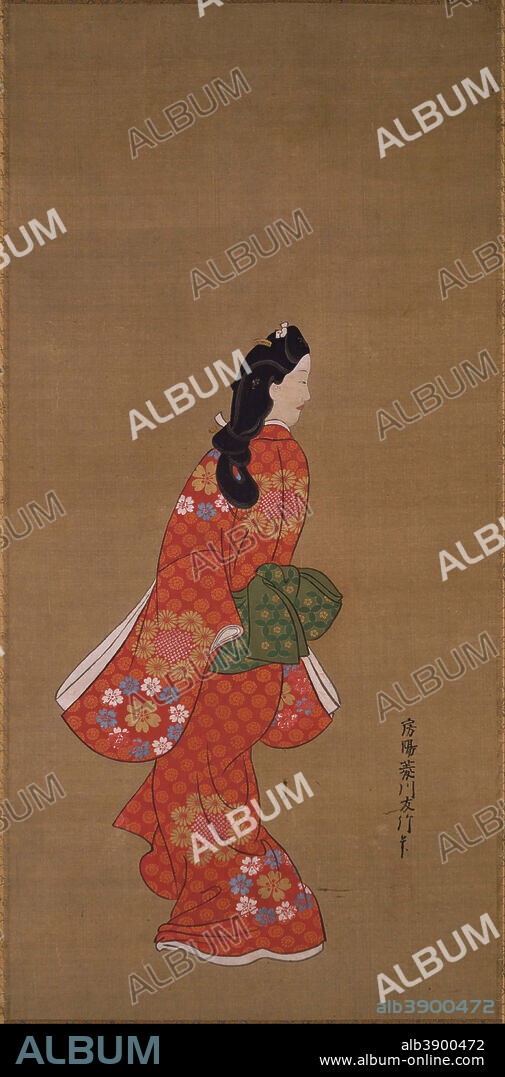 HISHIKAWA MORONOBU. Beauty Looking Back. Date/Period: Edo period, 17th century. Painting. Color on silk. Height: 63 mm (2.48 in); Width: 31.20 mm (1.22 in).