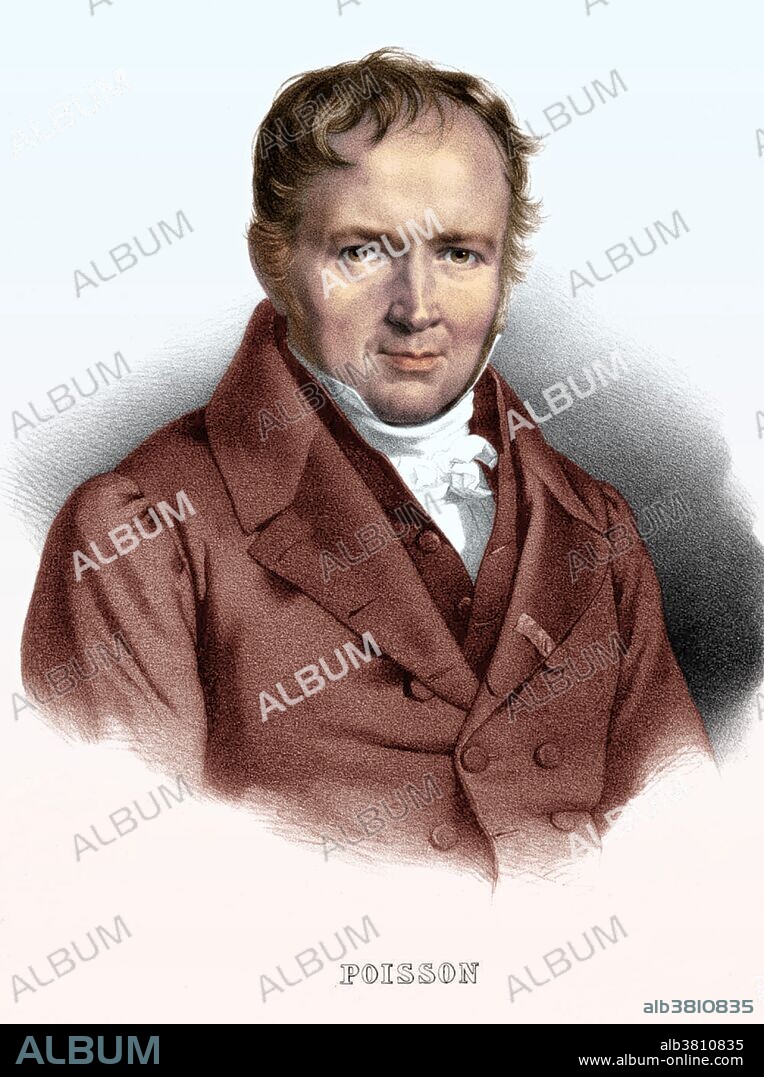 Simeon Denis Poisson (1781-1840), French mathematical physicist. Poisson was born at Pithiviers and educated at Paris in the Ecole Polytechnique. His first mathematical papers were published before he graduated. His work in electricity and magnetism formed the basis of mathematical physics. Poisson developed equations for use in electrostatics, particularly with regard to the force exerted by the charge on the surface of a conductor and the distribution of charge on a sphere. He also worked on theories of heat and elasticity. Studying probability theory, Poisson developed the binomial distribution that is named after him. He also made major contributions to celestial mechanics by extending the work of Lagrange on the stability of planetary orbits. This image has been color-enhanced.