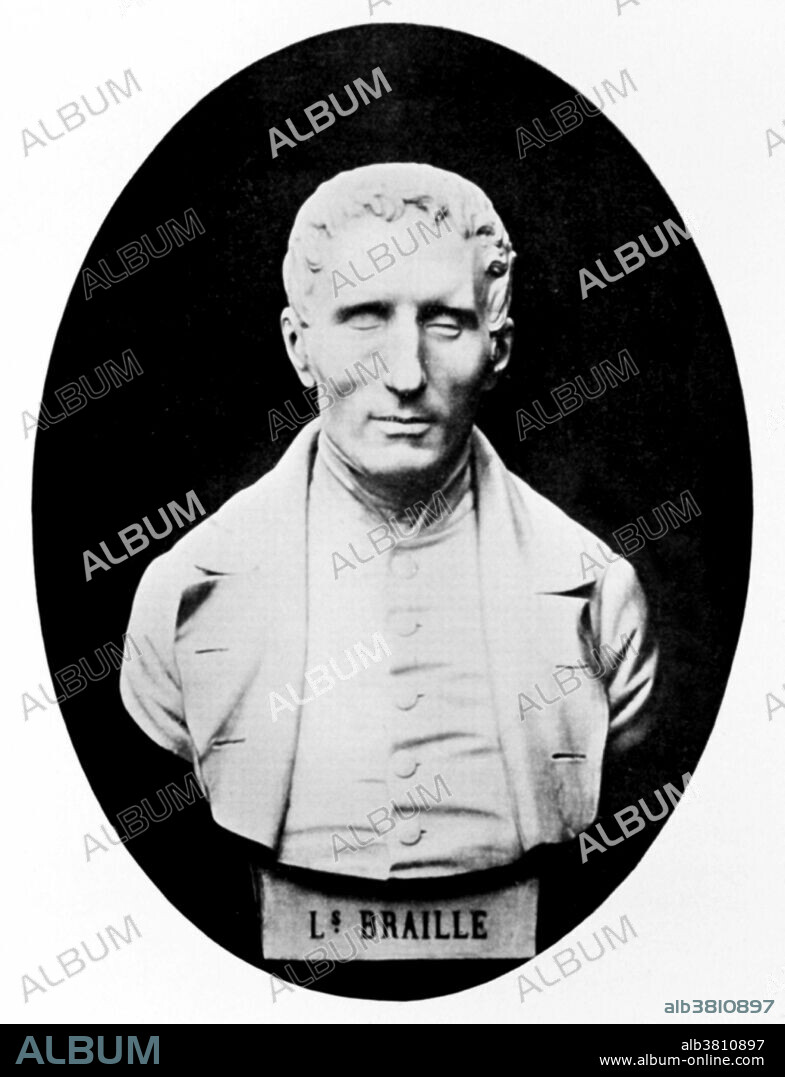 Photograph of a portrait bust of Louis Braille. The French educationist Louis Braille (1809-52) was the creator of braille, a system of raised dots that enables blind people to read and write. He was born near Paris, France, and became blind when he was aged 3. Braille studied at the Institution des Jeunes Aveugles (Institute for the young blind) from the age of 10 and became professor in 1826. He created braille in 1829. This system is based on combinations of 6 raised dots which can either represent individual letters or whole words. Braille is now used in music, mathematics and science, as well as for written languages.
