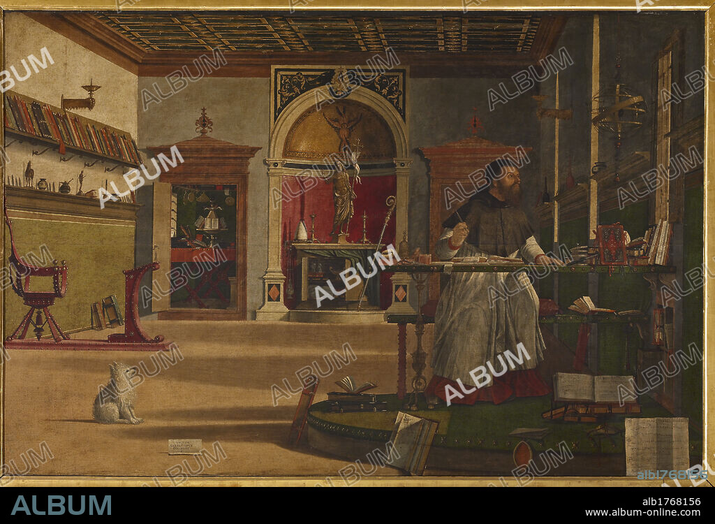 The Vision of St Augustine, by Vittore Carpaccio, 1502-1504, 16th Century, oil on canvas, cm 141 x 211. Italy, Veneto, Venice, Scuola di San Giorgio degli Schiavoni. All. St Augustine study books scores dog scissors chair writing desk habit black white Dominican desk texts volumes astrolabe window coffered ceiling, Photographic Campaign 2010.